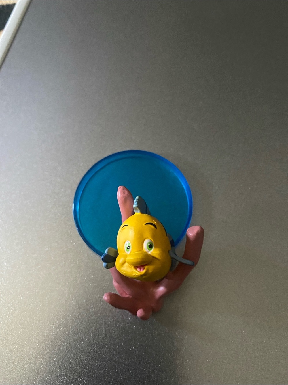 Disney Yellow Flounder Figure with Pink Coral on Blue Base
